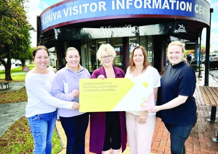 Carlee Kennedy, Commonwealth Branch Manager Nhill, presents Kaniva and District Progress Association with a Commonwealth Bank donation of $1,500. From left: Vice President Liz Savannah, Assistant Secretary Teagan Chaston, Carlee Kennedy, President Leah Gordon and Windmill Cafe proprietor Jemma Hill.