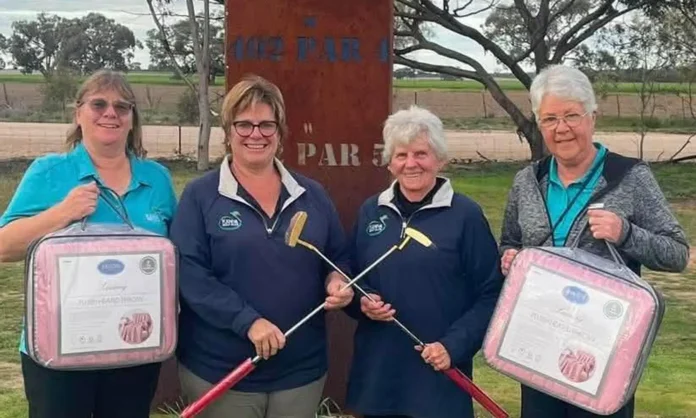 Kaniva golfers do well. Outside Leonie Shurdington left and Denise Wallis right finished 3rd with Center right Dawn Austin and left Donna Vivian won the event with 43 points.