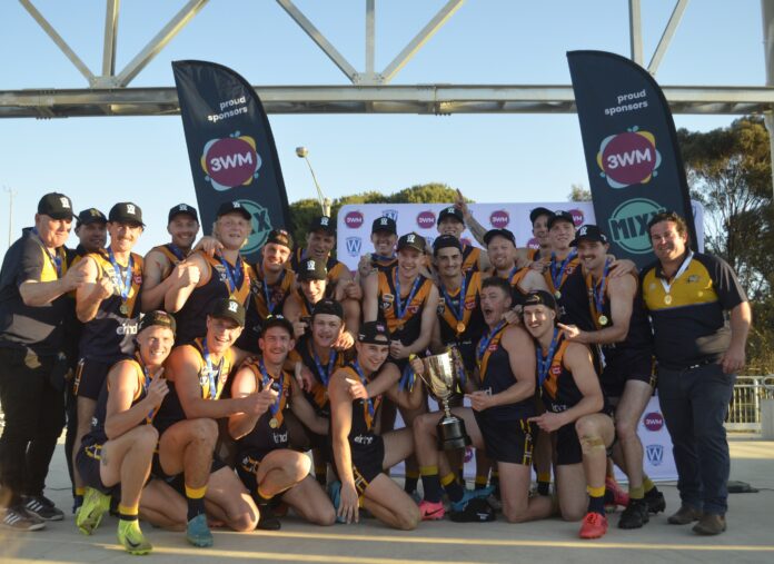Nhill Seniors celebrate their 45 year drought breaking premiership.